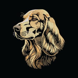 Può includere: Un ricamo dorato dettagliato della testa di un cane di profilo su sfondo nero. Il pelo del cane è reso con linee intricate, che mostrano la consistenza e la forma dei tratti dell'animale. Il design è elegante e dettagliato.