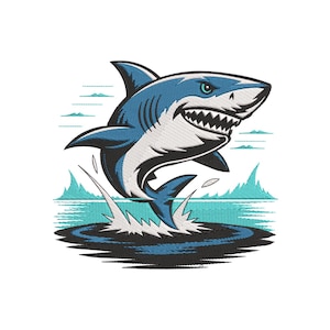 Könnte beinhalten: Stilisierte Illustration eines Hais, der aus dem Wasser springt. Der Hai ist blau und weiß mit scharfen Zähnen, vor einem türkisfarbenen und schwarzen Wasserhintergrund. Das Design hat einen cartoonartigen Stil.