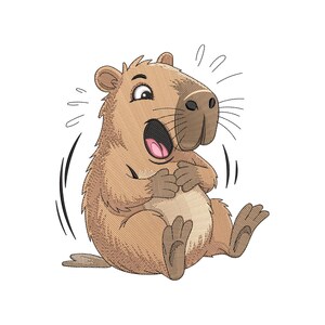 May include: A cartoon illustration of a capybara with an open mouth, appearing surprised. The capybara is light brown with a pink mouth and is sitting down. Black lines indicate movement and surprise.