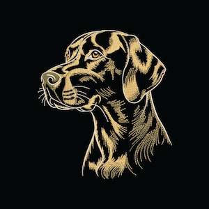 May include: Embroidered portrait of a dog's head in profile, featuring detailed gold threadwork on a black background. The dog's eye is a warm brown, and the design highlights the texture of the fur.