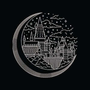 May include: A white line art illustration of a castle within a crescent moon on a black background. The castle features multiple towers, windows, and a bridge. The moon is detailed with a textured, silver-like appearance, and the sky is filled with stars and clouds.