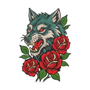 Puede incluir: Parche bordado con la cabeza de un lobo gruñendo con ojos rojos, rodeada de tres rosas rojas con hojas verdes. El lobo es verde azulado y blanco, con los dientes afilados. Un diseño llamativo.