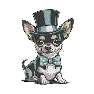 May include: A charming illustration of a Chihuahua wearing a top hat and bow tie. The dog is depicted in a seated position, with a black and white coat, and a blue and white bow tie. The top hat is black and blue.