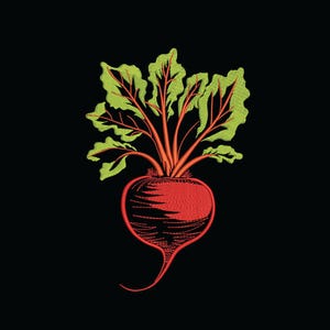 May include: An embroidered design of a red beet with green and orange leaves on a black background. The beet is detailed with shading, giving it a three-dimensional appearance. The leaves have a textured look.
