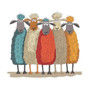 Könnte beinhalten: Eine skurrile Illustration von fünf Schafen, die nebeneinander stehen. Jedes Schaf hat eine andere Farbe: Türkis, Creme, Rot, Beige und Orange. Die Schafe haben lockige Wolle, schwarze Beine und Gesichter, auf einem hellbraunen Untergrund.