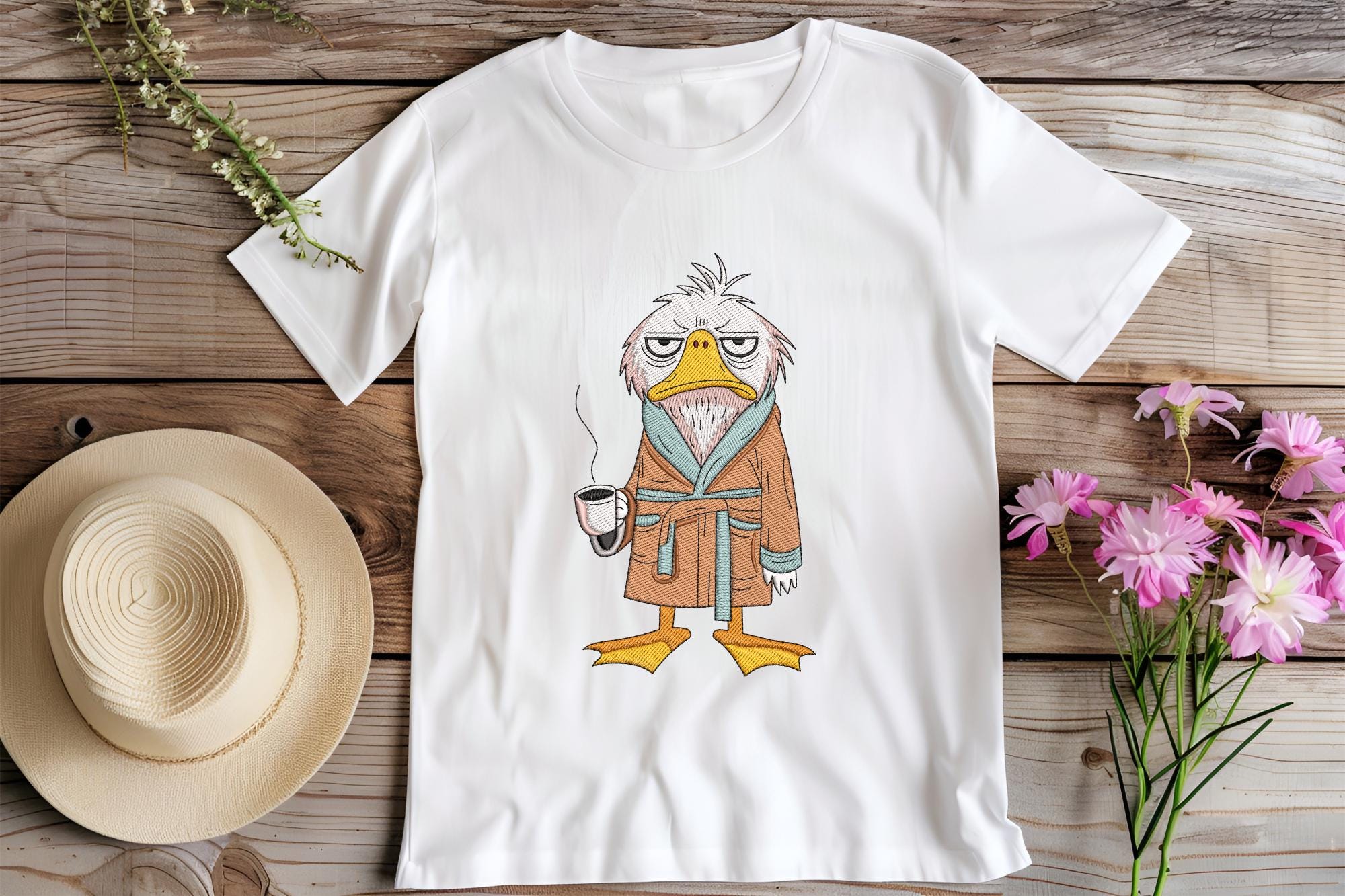 Grumpy Duck in Robe Machine Embroidery Design, Tired Morning Bird With ...