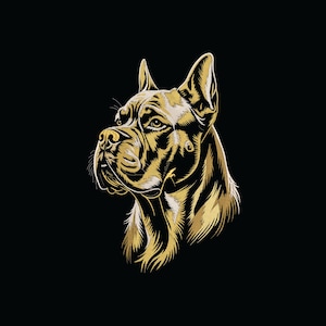 Könnte beinhalten: Detaillierte Illustration eines Hundekopfes im Profil, in Gold auf schwarzem Hintergrund. Das Kunstwerk hebt die Merkmale des Hundes mit präzisen Linien und Schattierungen hervor und erzeugt einen auffälligen Kontrast.