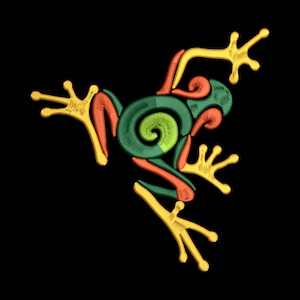 Può includere: Un design stilizzato di una rana in verde, arancione e giallo su sfondo nero. Il corpo della rana presenta un motivo a spirale, con zampe e piedi gialli. Adatto per abbigliamento o decorazioni per la casa.
