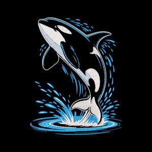 May include: An embroidered design on a black background featuring a black and white orca whale leaping out of water. The orca is depicted with white patches near the eye and on the side, surrounded by stylised blue water splashes and ripples.