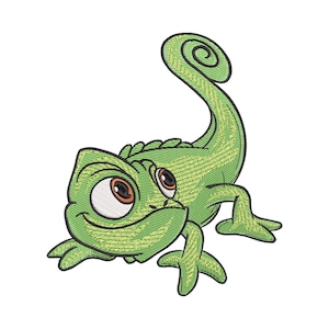 以下が含まれることがあります： 笑顔の緑色の漫画カメレオンの刺繍デザイン。カメレオンは大きな茶色の目を持ち、尾がカールしています。手工芸品や衣類に最適です。
