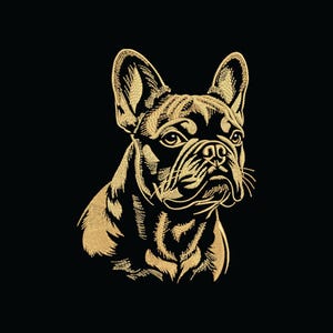 Puede incluir: Ilustración dorada de la cabeza y los hombros de un bulldog francés sobre un fondo negro. Los rasgos del perro están detallados con líneas, mostrando su expresión atenta y sus arrugas distintivas. Es una representación estilizada de la raza.