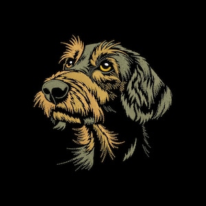 Puede incluir: Ilustración detallada de la cabeza de un perro, con un diseño texturizado. El perro tiene un hocico marrón y dorado, con ojos amarillos y una nariz negra. El fondo es negro liso.