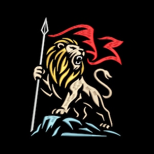 May include: Embroidered design of a roaring lion holding a spear and a red flag on a black background. The lion has a yellow mane and is standing on a blue and white rock formation. The flag has a stylized design.
