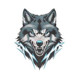 May include: Embroidered design of a wolf's head with an intense expression. The wolf is depicted in shades of gray and white, with piercing blue eyes and a snarling mouth. Lightning bolt accents frame the design, creating a bold and striking image.