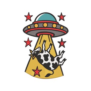 May include: An embroidered patch featuring a black and white cow being abducted by a UFO. The UFO is gray, red, and teal, with yellow lights. Red stars surround the scene, and a yellow beam of light shines down on the cow.