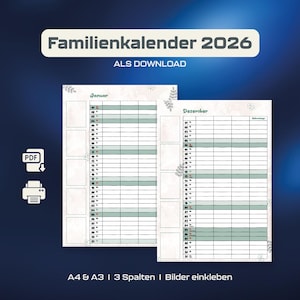 Könnte beinhalten: Ein herunterladbarer Familienkalender für 2026. Der Kalender hat ein hellgrünes und weißes Design mit Platz für Notizen. Der Text auf dem Kalender lautet "Familienkalender 2026" und "ALS DOWNLOAD". Erhältlich in A4- und A3-Größen.