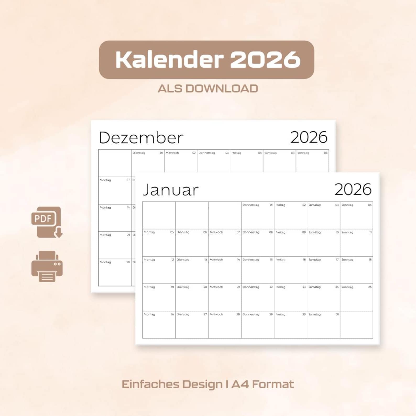 Kalender 2026 Druckvorlage I Monatskalender 2026 I Deutsch I Download