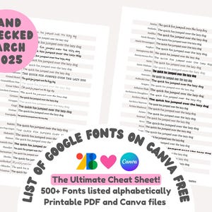 以下が含まれることがあります： 500以上のGoogleフォントをアルファベット順にリストした、印刷可能なPDFとCanvaのチートシート。ドキュメントには、さまざまなフォントで「The quick fox jumped over the lazy dog」というテキストが含まれています。「HAND CHECKED MARCH 2025」というテキストが入ったピンク色の円が左上にあります。