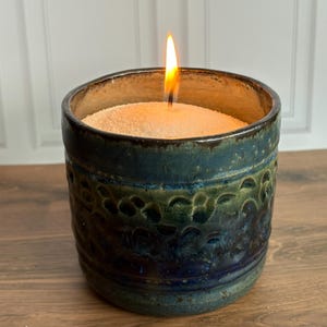 Handmade Ceramic Candle in Cerulean and Storm Blues - Lavender Scented Wax Sand - Artisan Pottery - Unique Coastal Decor