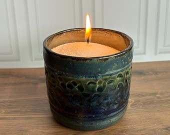 Handmade Ceramic Candle in Cerulean and Storm Blues - Lavender Scented Wax Sand - Artisan Pottery - Unique Coastal Decor