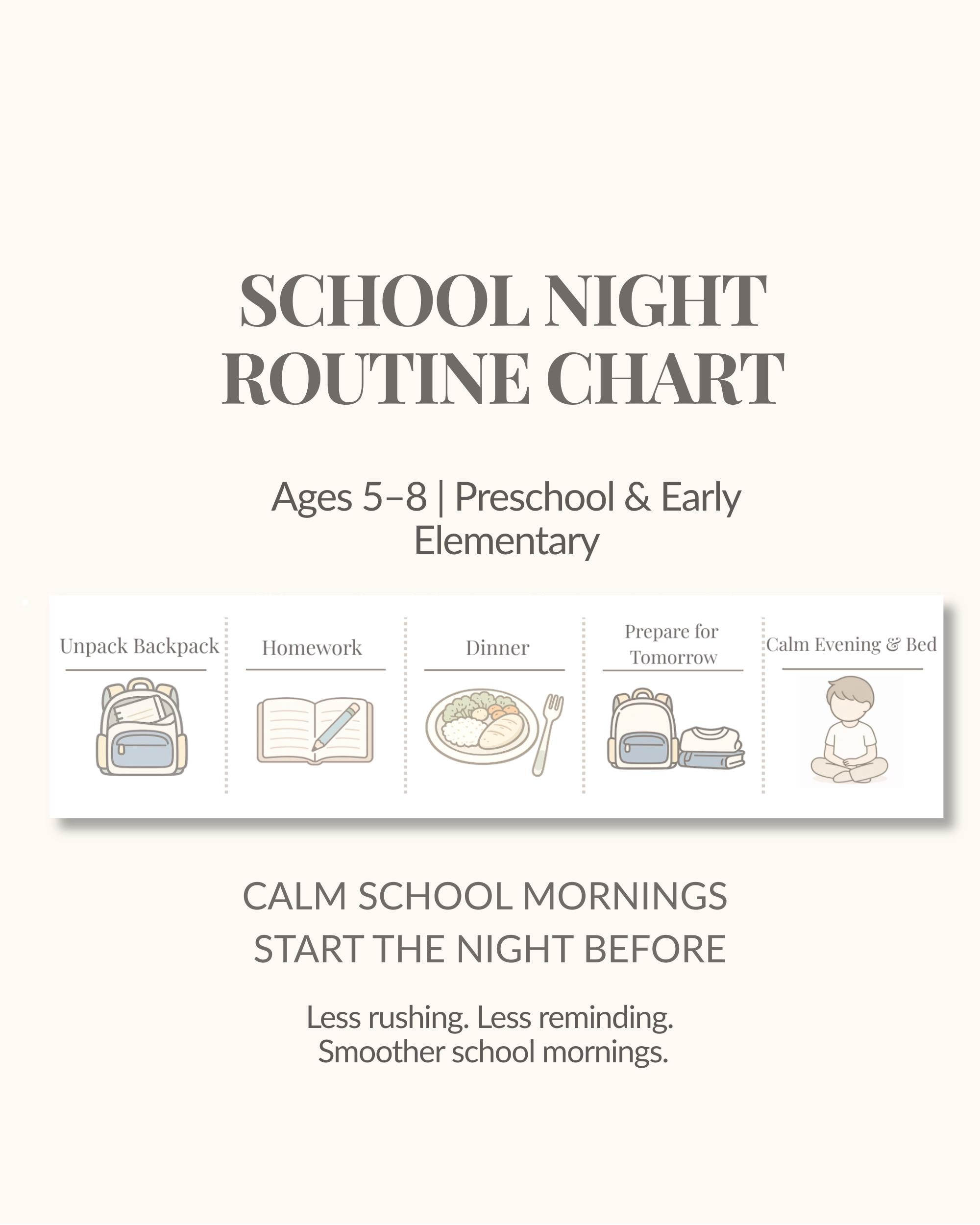 School Night Routine Chart | Homework & Evening Prep Visual Schedule ...