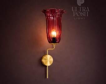 Lámpara de pared estilo italiano de vidrio Stilnovo Modern de los años 50, lámpara de pared de vidrio granate Sputnik Roly-Poly – Aplique de pared antiguo de latón de mediados de siglo.
