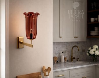 Lámpara de pared estilo italiano Stilnovo Modern, de 1950, de cristal Sputnik, color rojo escarlata, estilo Roly-Poly, de latón, estilo antiguo de mediados de siglo.