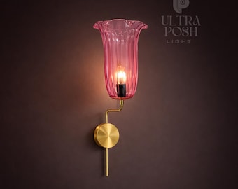 Lámpara de pared estilo italiano de vidrio Stilnovo Modern de los años 50 con acabado rosa Sputnik Roly-Poly: aplique de pared antiguo de latón de mediados de siglo.