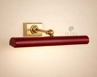 Italian Raw Brass Picture Light with Maroon color canopy, Art Display Adjustable Mid-Century Handmade Wall Sconce For Display & Decor