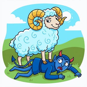 Puede incluir: Ilustraci&oacute;n de dibujos animados de una oveja azul claro con grandes cuernos dorados de pie sobre la espalda de un diablo azul. El diablo tiene cuernos rojos y una expresi&oacute;n de sorpresa. El fondo muestra una colina verde, cielo azul y un sol.