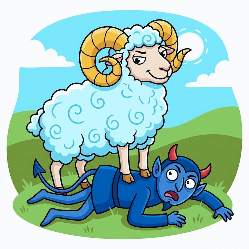 Puede incluir: Ilustraci&oacute;n de dibujos animados de una oveja azul claro con grandes cuernos dorados de pie sobre la espalda de un diablo azul. El diablo tiene cuernos rojos y una expresi&oacute;n de sorpresa. El fondo muestra una colina verde, cielo azul y un sol.