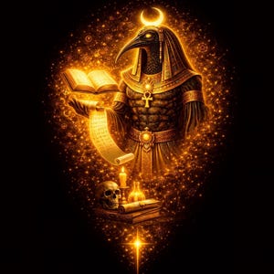 Puede incluir: Ilustración digital de una deidad egipcia, Thoth, en oro y negro. La figura sostiene un libro abierto y un pergamino, con una luna creciente en la cabeza. Una calavera, una vela y otros libros están en la base.