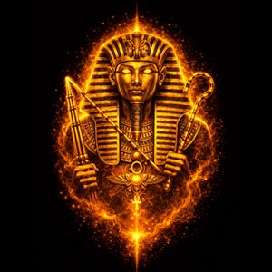 May include: A golden illustration of an Egyptian pharaoh, adorned with a headdress and holding a crook and flail. The pharaoh is surrounded by a fiery, glowing aura against a black background. The artwork has intricate details.