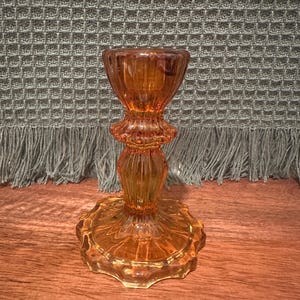 Vintage Amber Glass Candle Holder – Ribbed Pressed Glass with Scalloped Base