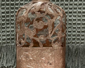Antique Glass Flask with Etched Metal Overlay – Vintage Decorative Bottle with Church Scene
