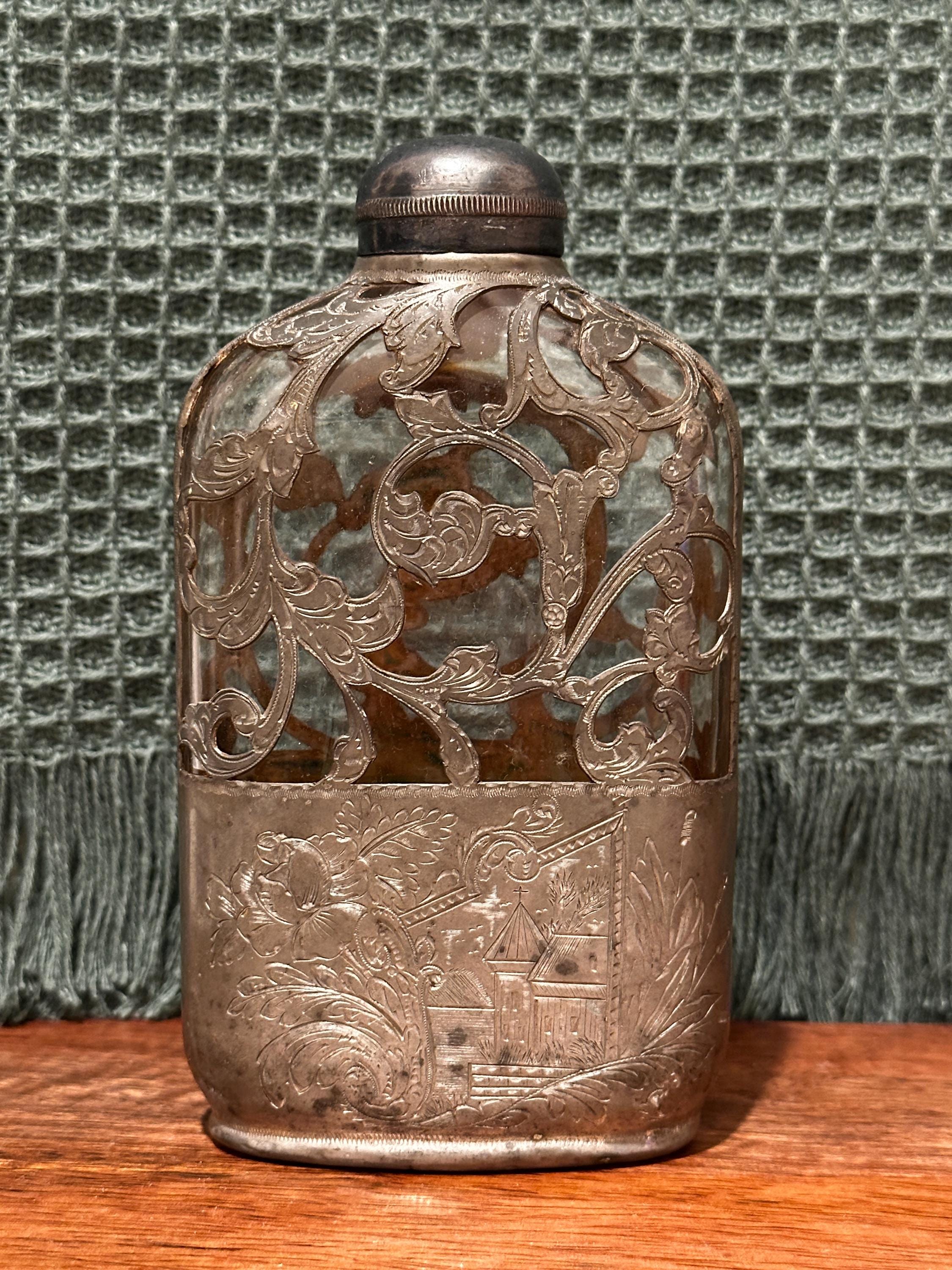 Antique Glass Flask With Etched Metal Overlay – Vintage Decorative ...