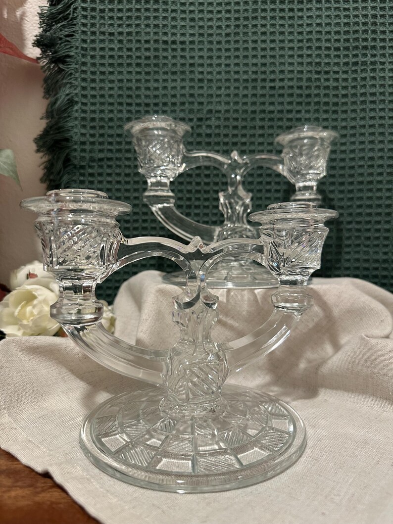 Indiana Glass Double Candelabra Vintage Pressed Glass Candle Holder