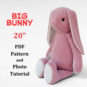 Naaipatroon voor een groot konijn (PDF), handleiding voor een pluche konijn van 50 cm (20 inch), direct te downloaden knuffelkonijn.