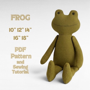 May include: A stuffed olive green frog toy with a stitched mouth and eyes. Text on the left reads: FROG 10" 12" 14" 16" 18" PDF Pattern and Sewing Tutorial. The frog is shown in a seated position with long arms and legs against a plain background.