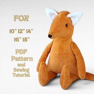 May include: A soft, orange fox toy with white ear interiors, in a seated position. Text reads "FOX" above sizes 25, 30, 36, 41, and 46 cm. Below the fox are the words "PDF Pattern and Sewing Tutorial".