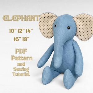 May include: A blue fabric elephant plush toy with large ears featuring a beige and brown polka dot pattern. The text on the left reads: ELEPHANT, 10" 12" 14", 16" 18", PDF Pattern and Sewing Tutorial. The elephant has dark round eyes.
