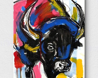 Sloog Opera d'arte originale Espressionismo libero unico Dipinto di bufalo su tela 8x10 Arte boho texana