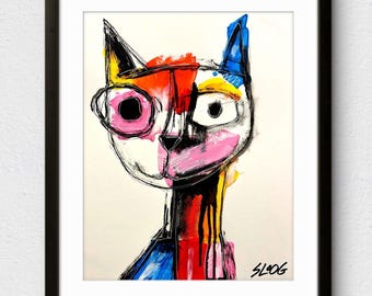 Sloog Original Art Neo-Expressionism Modern Målning på Duk 11x14 Skissartad Katt