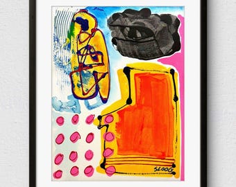 Sloog Original Art Colorful Abstract Art Memphis Style Decor on Paper 9x12 Pink Dots Bright Color Wall Art Happy Abstract