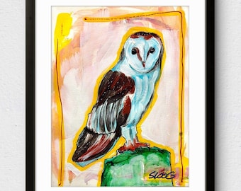 SLOOG Arte original Expresionismo Arte de vida silvestre Naturaleza Pintura de búho sobre papel 9x12 Pintura de búho común Ornitología Regalo para estudiantes