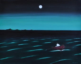 May include: An oil painting depicting a small red rowboat with a figure in white clothing on dark, rippling water under a night sky. A bright white full moon hangs above a distant, dark horizon line with faint green hills visible.