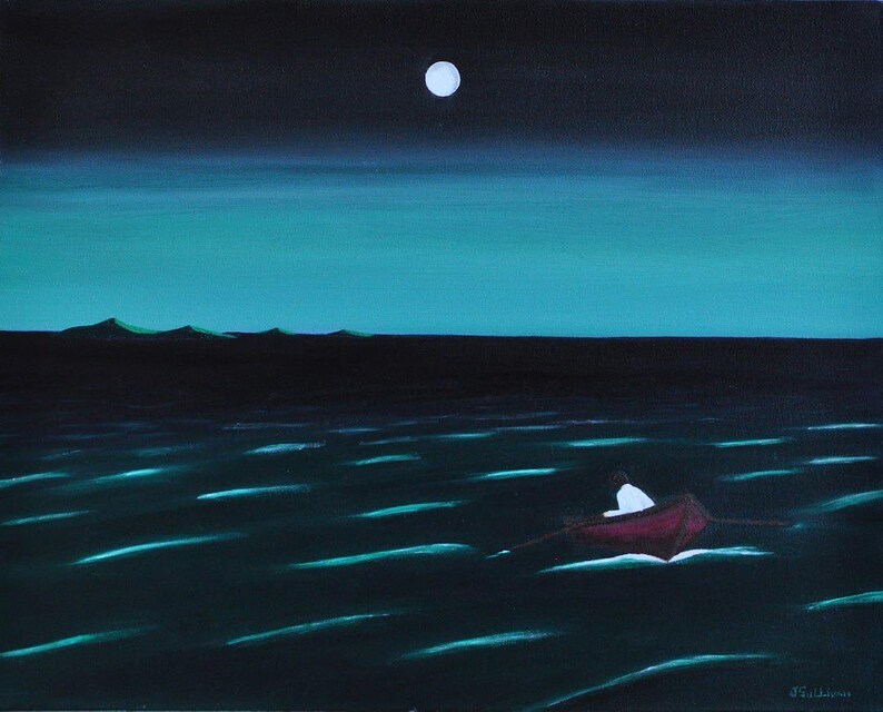May include: An oil painting depicting a small red rowboat with a figure in white clothing on dark, rippling water under a night sky. A bright white full moon hangs above a distant, dark horizon line with faint green hills visible.
