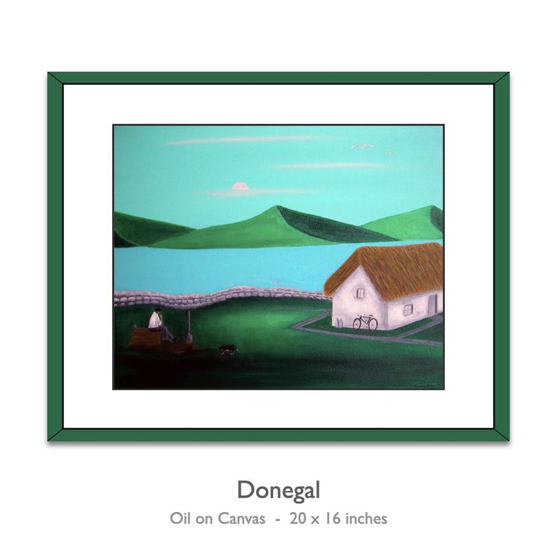 May include: A framed oil painting titled Donegal, measuring 20 by 16 inches. The scene depicts a white cottage with a thatched roof, a bicycle, a person sitting on a stone wall, green hills, and a blue sky with a pale sun.