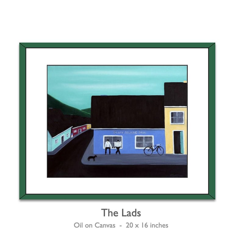 May include: A framed oil on canvas painting titled The Lads, measuring 20 x 16 inches. It depicts a blue building labeled State Island Inn with two figures, a bicycle, and a dog on a street corner under a light blue sky.