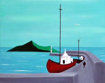 May include: A painting depicting a harbor scene with a red boat featuring a white cabin, a gray stone pier, a black bicycle in the foreground, a person walking, and a green island in the distance under a bright turquoise sky with two white birds.